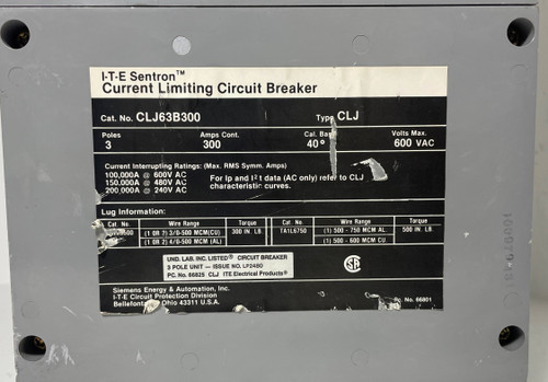 Siemens CLJ63B300 300A Current Limiting Circuit Breaker Type CLJ 3P ITE 300 Amp (EM4424-1) Siemens CLJ63B300 300A Current Limiting Circuit Breaker Type CLJ 3P ITE 300 Amp (EM4424-1)
