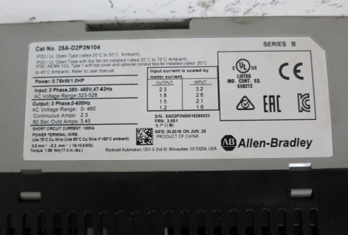 Allen Bradley 25A-D2P3N104 Ser B 1 HP PowerFlex 523 AC VS Drive 1HP 480V 0.75kW (DW4573-1)
