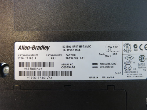 Allen Bradley 1756-IB16I Ser A Rev M01 F/W 3.2 DC Input ControlLogix PLC Module (DW4604-2) Allen Bradley 1756-IB16I Ser A Rev M01 F/W 3.2 DC Input ControlLogix PLC Module (DW4604-2)