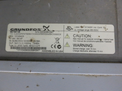 Grundfos 131H3409 50 HP Variable Speed VS Drive ADAP-Kool CUE 96754728 50HP 37kW (DW4653-1) Grundfos 131H3409 50 HP Variable Speed VS Drive ADAP-Kool CUE 96754728 50HP 37kW (DW4653-1)