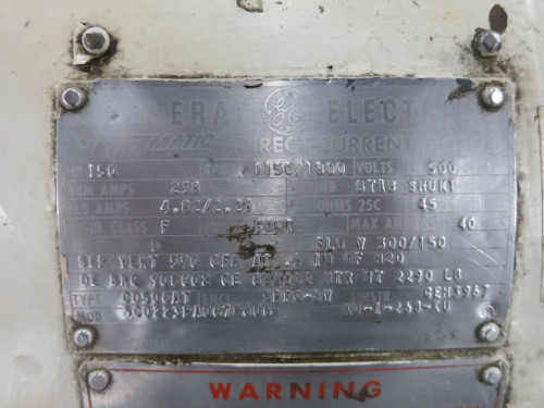GE CD506AT 150HP 500V Kinamatic DC Motor 1150/1800 RPM SPFG-SV Encl 506AT 150 HP (DW4724-1) GE CD506AT 150HP 500V Kinamatic DC Motor 1150/1800 RPM SPFG-SV Encl 506AT 150 HP (DW4724-1)
