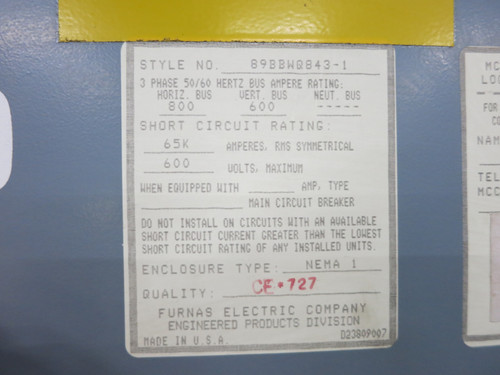 Siemens Tiastar 5x Motor Control Center Sections 800A/600A System 89 600 Amp (DW4750-1)