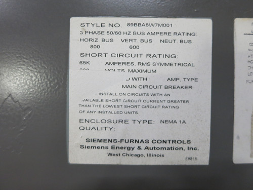 Siemens Tiastar 800A/600A 6x Motor Control Center Sections System 89 600 Amp (DW4758-1)