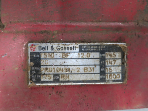 Bell and Gossett 1510 BF 12.0 Centrifugal Pump 15 HP Motor 145 GPM 1800 RPM 147' (DW4807-1)