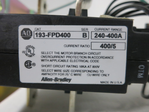 AB 193-FPD400 Ser B Overload Relay 400A 400/5 NEMA B600 Allen Bradley Starter (BJ0212-3)