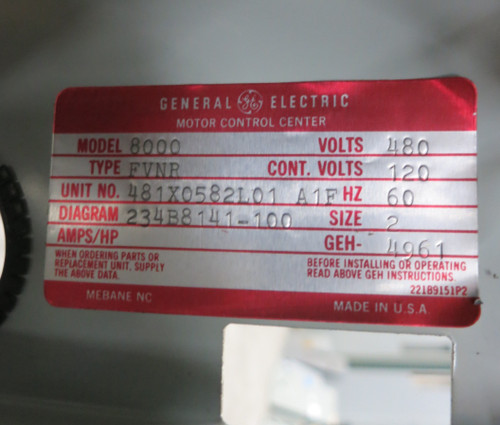 GE 8000 7A TEC36 Breaker Size 1 Starter 12" MCC Bucket CR206C000MYA TECL 7 Amp (BJ0221-1)