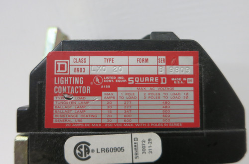 Square D 8903-LX020 Lighting Contactor 20 Amp 120V Coil 2P 3Ph 8903LX020 (BJ0241-9)