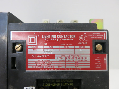 Square D 8903-SP012 Lighting Contactor 60 Amp 120V Coil 3P 3Ph (BJ0245-2)