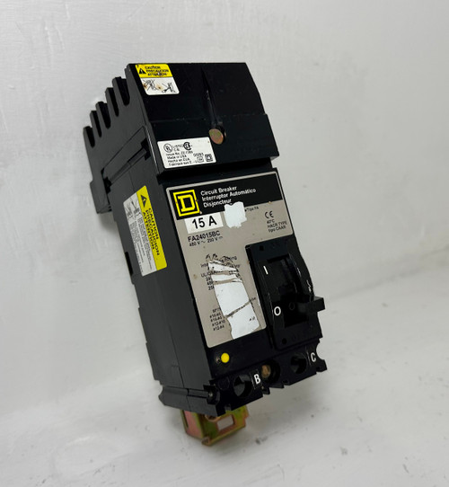 Square D I-Line FA24015BC 15A 2 Pole Circuit Breaker 480 VAC FA 15 Amp 2P HACR (EM4603-1)