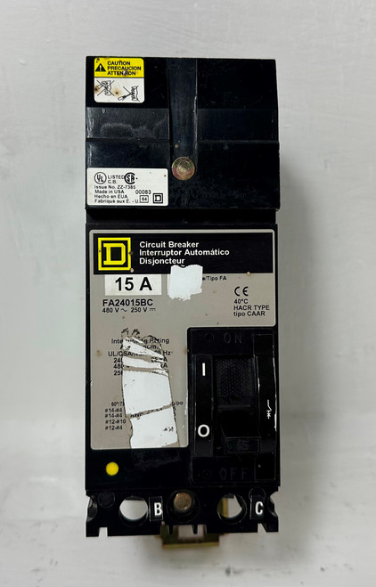 Square D I-Line FA24015BC 15A 2 Pole Circuit Breaker 480 VAC FA 15 Amp 2P HACR (EM4603-1)