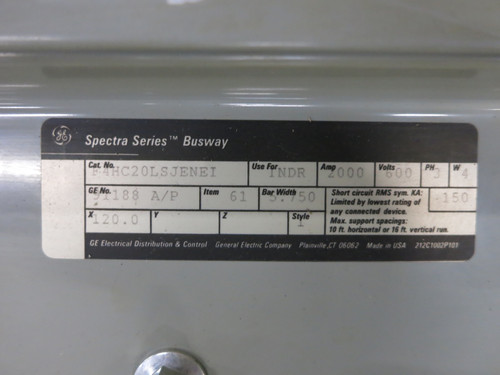 GE Spectra Busway 2000A 120" Copper Feeder 2000 Amp 10 Ft Stick 600V 3PH 4W (DW5067-1)