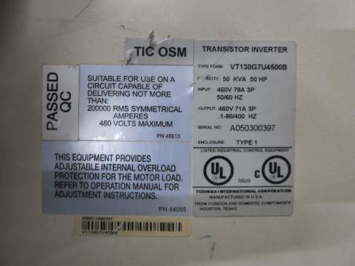 Toshiba VT130G7U4500B G7 50 HP Adjustable Speed VS Drive 460V 50HP Inverter (DW5076-1) Toshiba VT130G7U4500B G7 50 HP Adjustable Speed VS Drive 460V 50HP Inverter (DW5076-1)