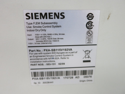 Siemens PXA-SB115V192VA Power Supply Module Service Box Panel Smoke Control (DW5099-2)