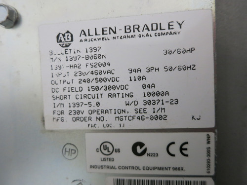 Allen Bradley 1397-B060N-HA2 30/60 HP DC Drive FS2004 230/460 - 240/500 110A (DW5143-1)
