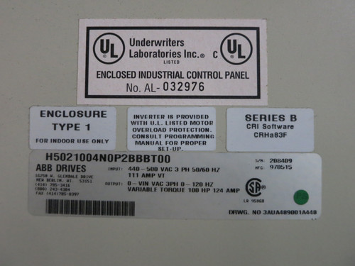 ABB ACH504-100-4-00P0 100 HP AC VS Drive 3PH 480V ACS504-100-5 100HP 124A (DW5204-2)