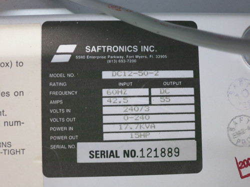 Saftronics DC12-50-2 15 HP DC Motor Controller Drive Solid State Control AA1200 (DW5213-1)