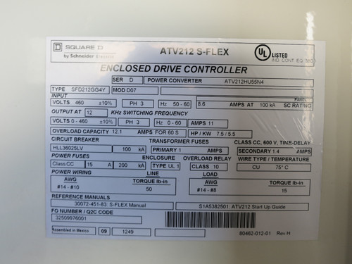 Square D ATV212 S-Flex VS Drive Controller 7.5 HP Variable Frequency SFD212GG4Y (DW5348-5)