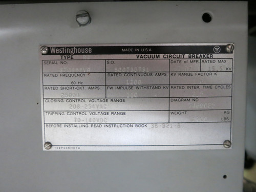Westinghouse Type R4 1200A 15.5 kV Vacuum Circuit Breaker 1200 Amp 15kV R (DW5427-1)