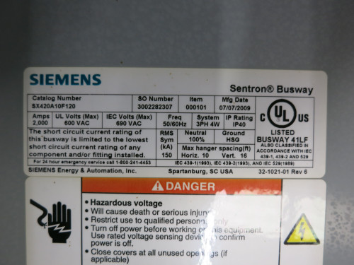 Siemens SX420A10F120 Sentron Busway 2000A 10' Feeder 600V 3PH 4W 2000 Amp Bus 10 (DW5447-3)
