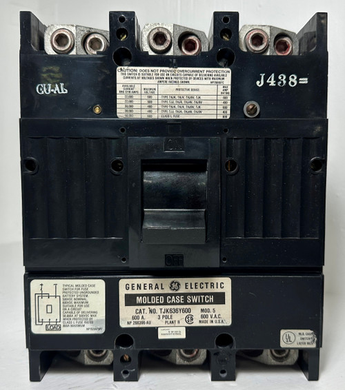 GE 600A TJK636Y600 Molded Case Switch 480/600V 3 Pole 600 Amp General Electric (EM4734-1) GE 600A TJK636Y600 Molded Case Switch 480/600V 3 Pole 600 Amp General Electric (EM4734-1)