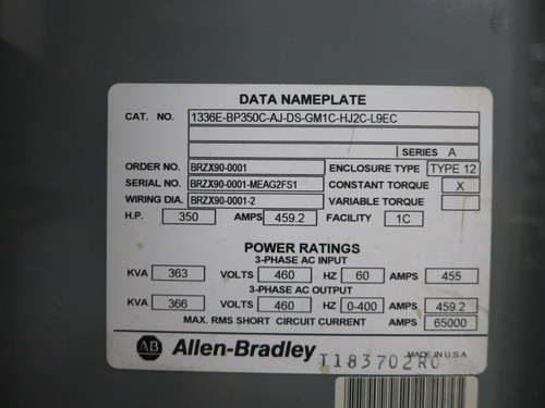 Allen Bradley 1336E-BP350-AN-EN-NCM-L6 350 HP VS Drive 1336 Impact Force 480V 12 (DW5451-1)