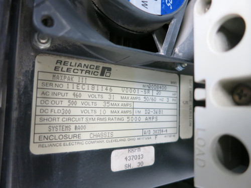 Reliance Electric 20D8400 20 HP MaxPak III VS DC Drive 20HP 460V In 500V Out (DW5465-1)