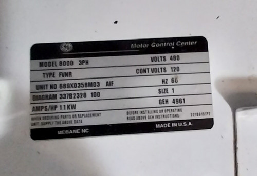 GE 8000 30 Amp Fusible Size 1 Starter 12" MCC Bucket 30A CR306CX#0**BAT (BJ0463-1) GE 8000 30 Amp Fusible Size 1 Starter 12" MCC Bucket 30A CR306CX#0**BAT (BJ0463-1)