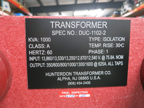 NEW Hunterdon 1000 kVA 13200 to 1000 V 1PH Isolation Transformer Water Cooled (DW5486-1) NEW Hunterdon 1000 kVA 13200 to 1000 V 1PH Isolation Transformer Water Cooled (DW5486-1)