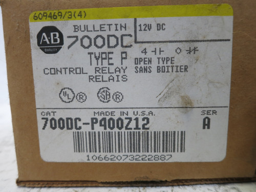 NEW Allen Bradley 700DC-P400Z12 DC Control Relay Open Type P 12V Series A NIB (DW5499-3)