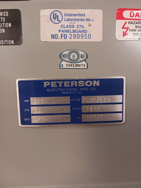 Peterson 225A Main Lug S3 Panelboard 208Y/120V 3PH 4W MLO 225 Amp Siemens (BJ0469-1) Peterson 225A Main Lug S3 Panelboard 208Y/120V 3PH 4W MLO 225 Amp Siemens (BJ0469-1)
