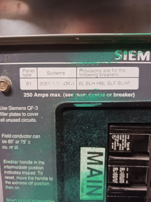 Siemens 50A Main Breaker S1 Panelboard 208Y/120V 3PH 4W 50 Amp S1C18BL050CTS (BJ0472-4) Siemens 50A Main Breaker S1 Panelboard 208Y/120V 3PH 4W 50 Amp S1C18BL050CTS (BJ0472-4)