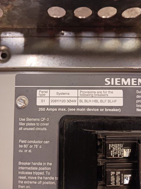 Siemens S1 100A Main Breaker Panelboard 208Y/120V 3PH 4W 100 Amp S1C42LH100CTS (BJ0479-2) Siemens S1 100A Main Breaker Panelboard 208Y/120V 3PH 4W 100 Amp S1C42LH100CTS (BJ0479-2)