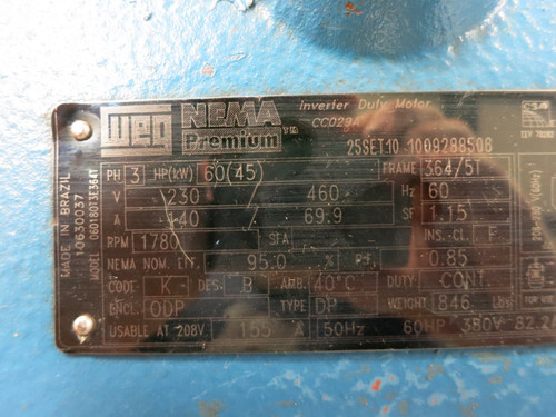 WEG 06018OT3E364T 60 HP AC Inverter Duty Motor 230/460V 1780RPM CC029A 364T (DW5539-1)