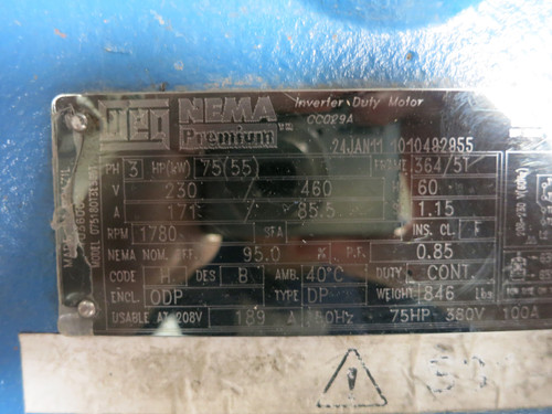 WEG 07518OT3E365T 75 HP AC Inverter Duty Motor 230/460V 1780RPM CC029A 365T (DW5537-2)