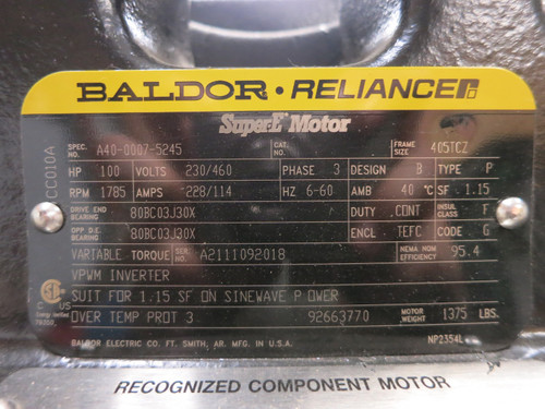 NEW Baldor A40-0007-5245 100 HP AC Motor Super-E 230/460V 1785 RPM 405TCZ TEFC (DW5538-1)