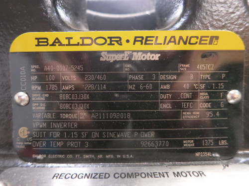 NEW Baldor A40-0007-5245 100 HP AC Motor Super-E 230/460V 1785 RPM 405TCZ TEFC (DW5538-1) NEW Baldor A40-0007-5245 100 HP AC Motor Super-E 230/460V 1785 RPM 405TCZ TEFC (DW5538-1)