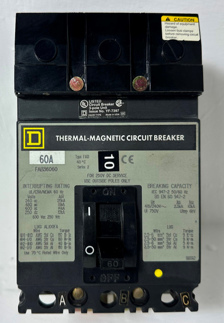 Square D I-Line FAB36060 60A Circuit Breaker 480/600V 3 Pole Type FAB S2 60 Amp (EM4773-1) Square D I-Line FAB36060 60A Circuit Breaker 480/600V 3 Pole Type FAB S2 60 Amp (EM4773-1)