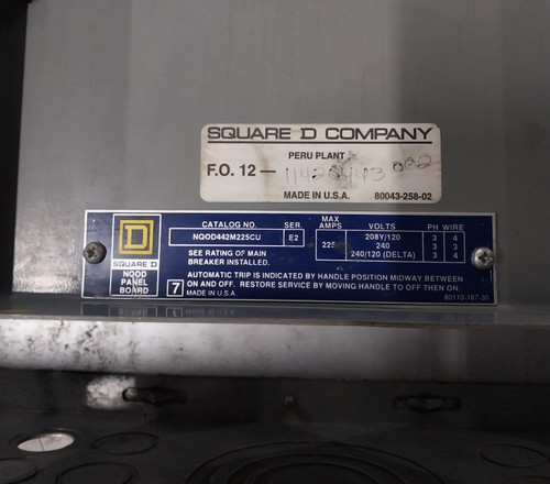 Square D 225A NQOD Panel Board 240/208/120V 3PH 4W Main Breaker 225 Amp (BJ0484-3) Square D 225A NQOD Panel Board 240/208/120V 3PH 4W Main Breaker 225 Amp (BJ0484-3)