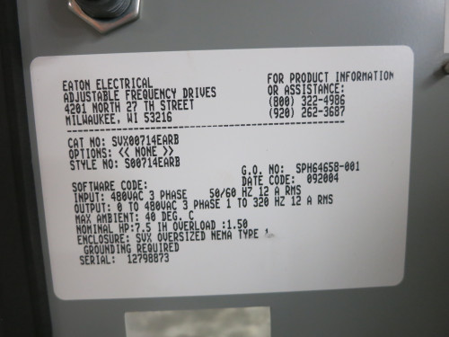 Eaton SVX007A1-4A1B1 7.5 HP SVX9000 AC VS Drive SVX-9000 7.5HP 480V Enclosed 15A (DW5602-2)