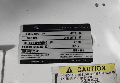 GE 8000 60A Size 2 Reversing 24" MCC Starter Bucket Fusible 60 Amp CR309 (BJ0497-1)