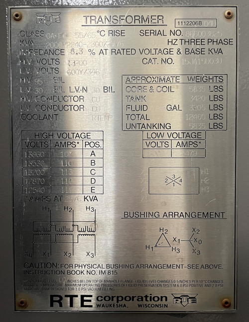 RTE 2575-2000 kVA 13200 to 600Y/346 V Pad Mount Oil Transformer 600V 13800 600 (PM3219-1)