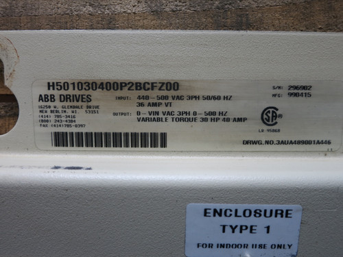 ABB ACH501-030-4-00P2 30HP AC VS Drive 3PH 480V ACH-500 30 HP Bypass 40A (DW5645-1)
