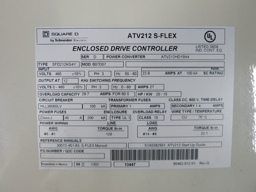 Square D ATV212 S-Flex VS Drive Controller 20 HP Variable Frequency SFD212KG4Y (DW5660-2)