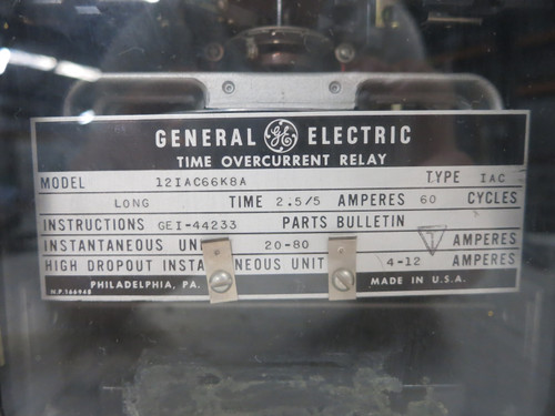 GE 12IAC66K8A Time Overcurrent Relay Type IAC 2.5/5 Amp General Electric 4-12A (DW5749-3)
