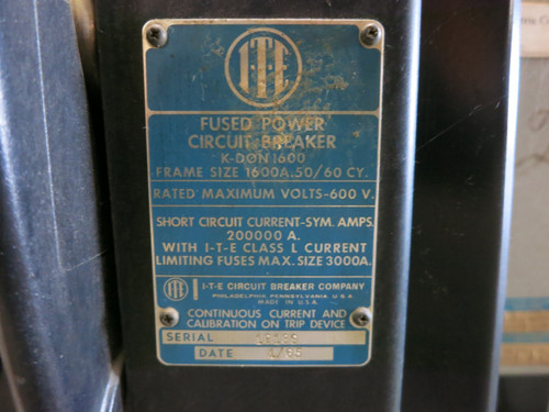 ITE K-DON-1600 1600A Fused Power Circuit Breaker KDON 1600 Amp LI OD-3 Trip (DW5785-1)