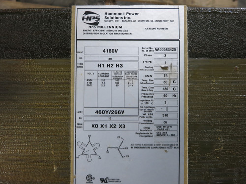 Hammond 15 kVA 4160 Delta to 460Y/266 V 3PH Dry Type Transformer 4160V (DW5795-1)