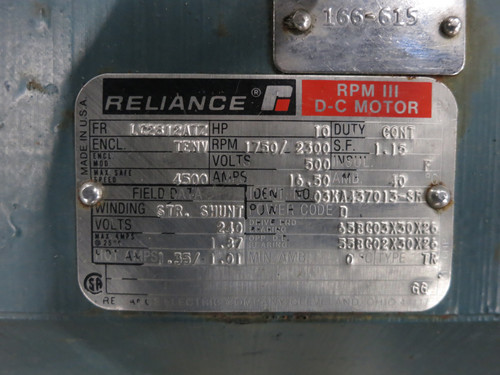 Reliance Electric LC2812ATZ 10 HP DC Motor 1750/2300 RPM III 500 VDC TENV 500V (DW5798-1)