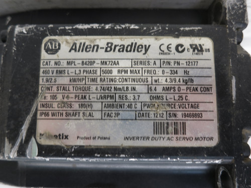 Allen Bradley MPL-B420P-MK72AA Kinetix AC Servo Motor 2.5 HP 460V 5000 RPM 12177 (DW5901-1)