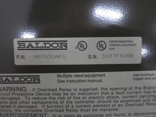 NEW Baldor MA7030AF1 Solid State Motor Starter Control 40A Breaker MA7030X 3R (DW6053-1)