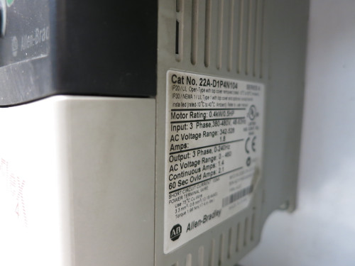 Allen Bradley 22A-D1P4N104 Ser A 0.5 HP PowerFlex 4 AC VS Drive Enclosed Type 12 (DW6062-1)
